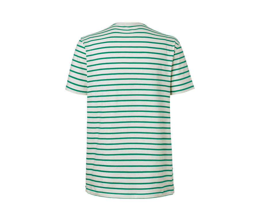 Rückansicht eines Shorty-Pyjamas in weicher Single-Jersey-Qualität mit horizontalen grünen Streifen auf weißem Hintergrund.