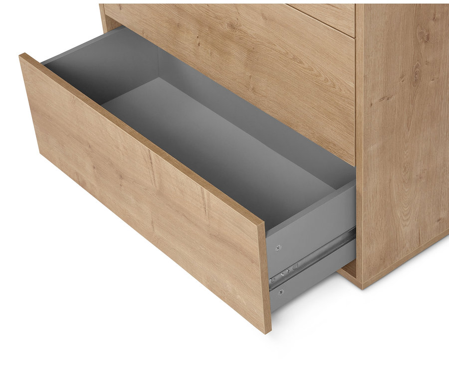 Offene Schublade des Regalmoduls »Flemming« mit Eichendekor.