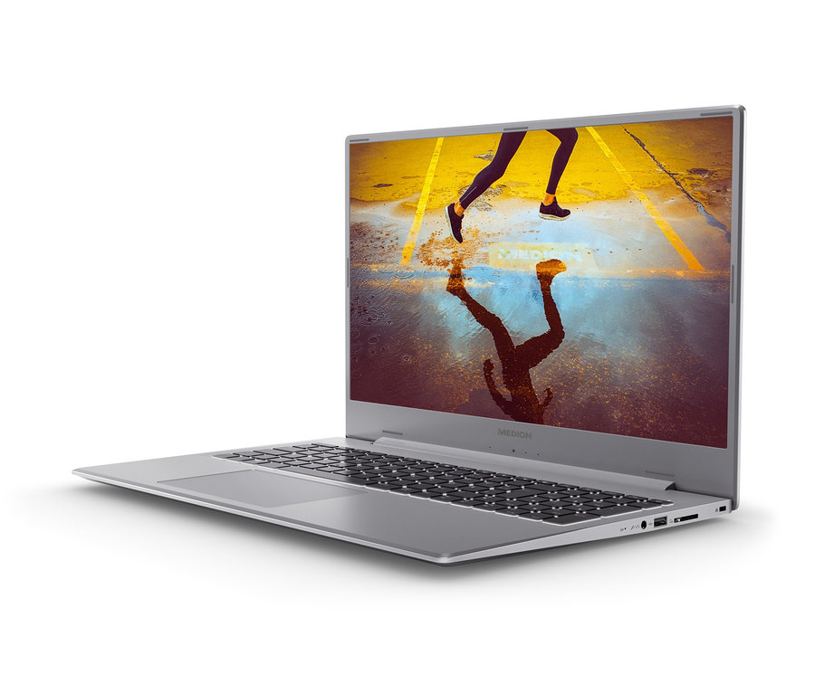 Silbernes MEDION® AKOYA® S17405 Notebook, 17,3", zeigt eine laufende Person.