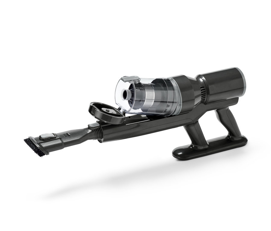 Ein schwarzer, digitaler Akkusauger mit Basis.