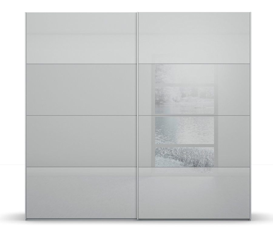 Grauer Schwebetürenschrank mit Spiegeltüren.
