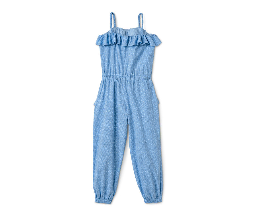 Ein blauer Web-Jumpsuit mit Rüschen.