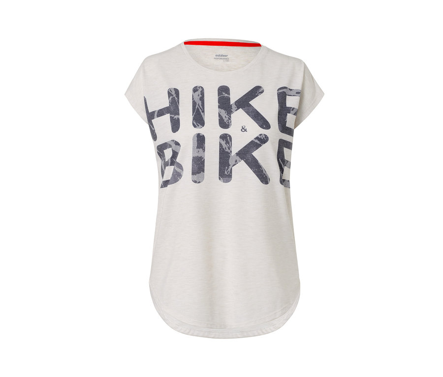Ein beiges Funktionsshirt mit dem Aufdruck HIKE & BIKE.