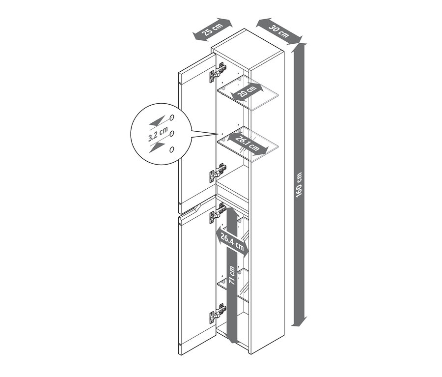 Abbildung eines Hochschranks mit 2 Türen mit geöffneter oberer Tür und Maßangaben.