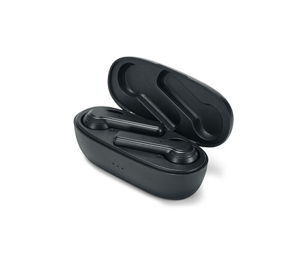 Schwarze TWS-In-Ear-Bluetooth®-Kopfhörer in geöffnetem Ladecase.