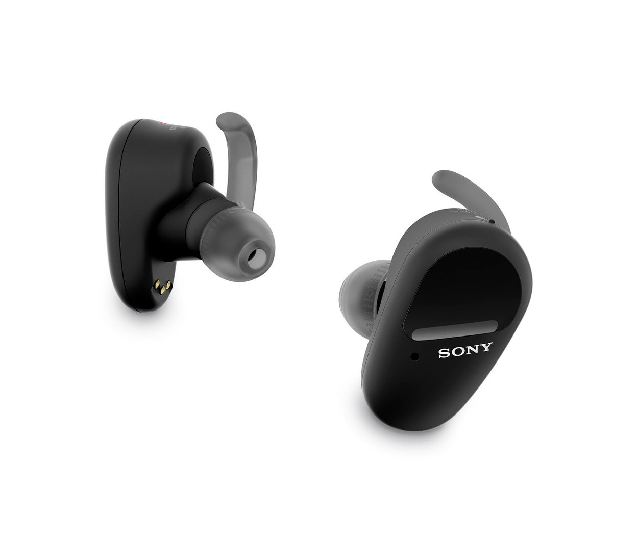 Zwei schwarze Sony-True-Wireless-Kopfhörer »WF-SP800N« liegen auf einem weißen Hintergrund.