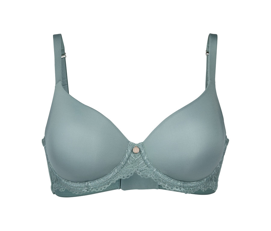 Ein grüner Schalen-BH mit Memory-Effekt auf weißem Hintergrund.