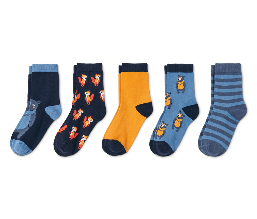 Fünf Paar Socken, mit Bär- und Fuchs-Motiven.