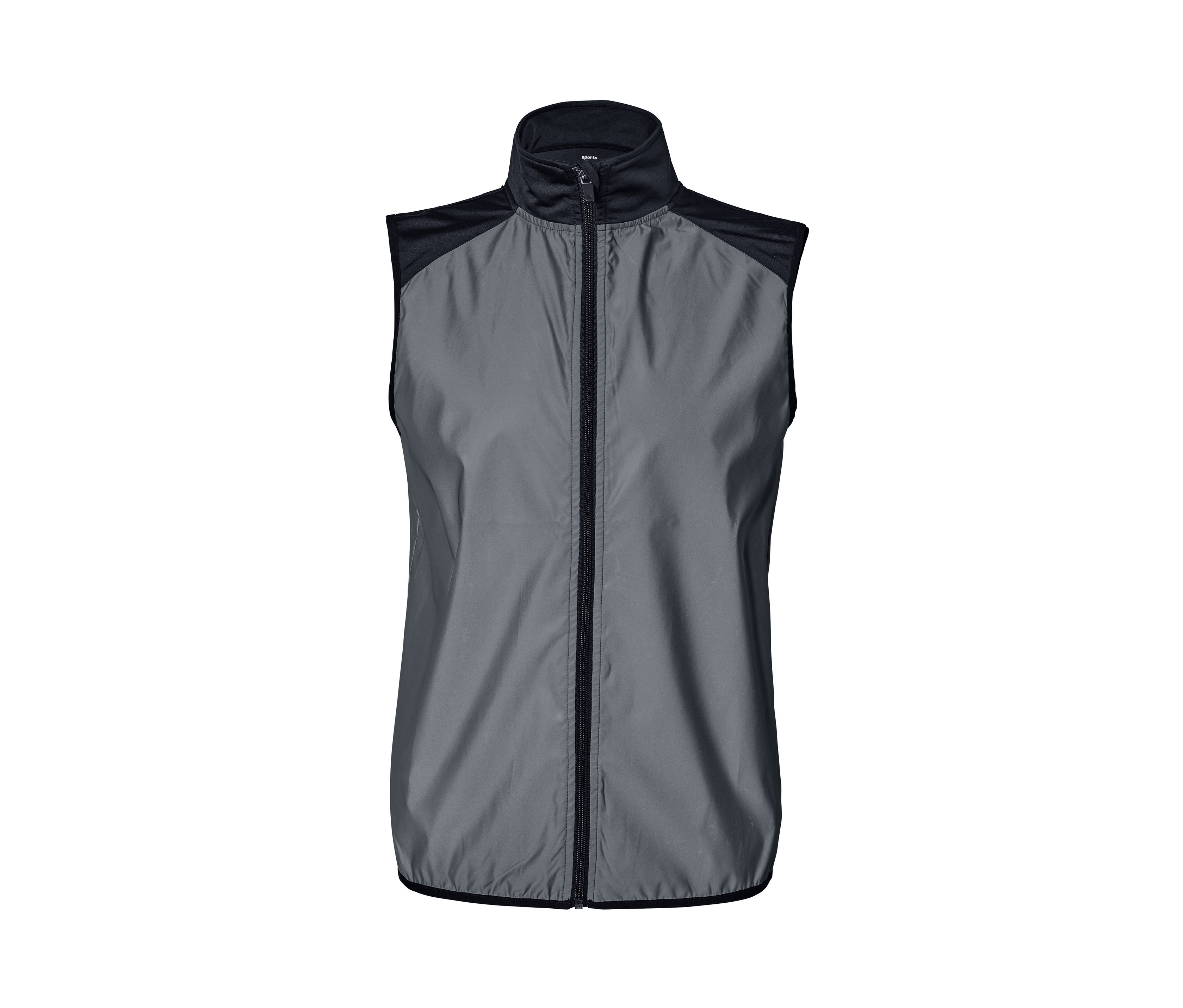 Graue Laufweste mit schwarzem Reißverschluss.