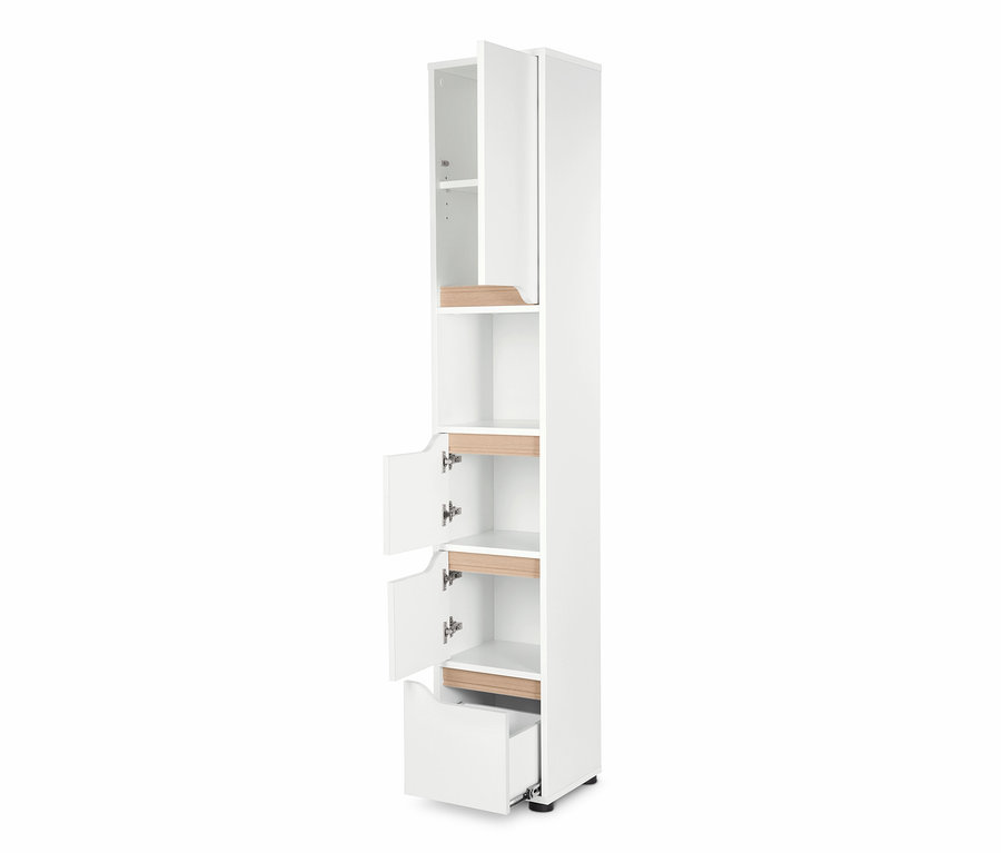 Ein schmaler, weisser Bad-Hochschrank mit offenen Türen und Schublade.