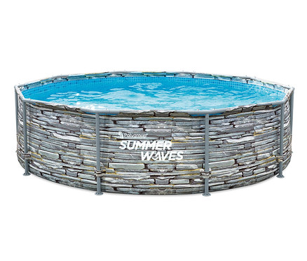 Summer Waves Active-Frame-Pool, ca. 305 x 76 cm, mit Steinmuster und blauem Wasser.