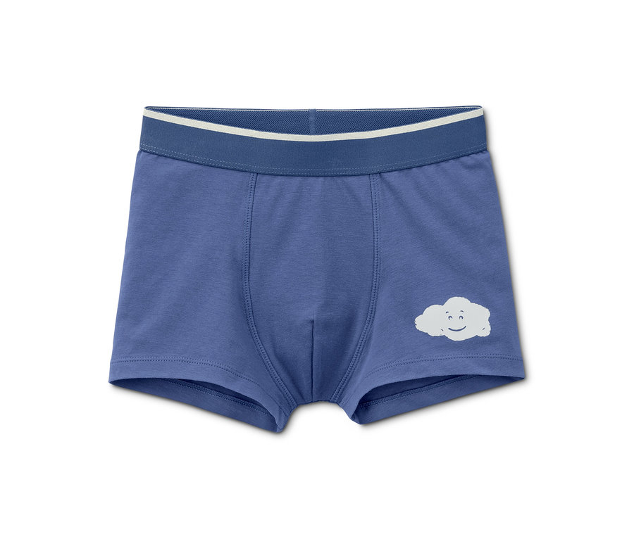 Eine einzelne blaue Jungen-Slipboxer aus Bio-Baumwolle mit einer kleinen weißen Wolke.