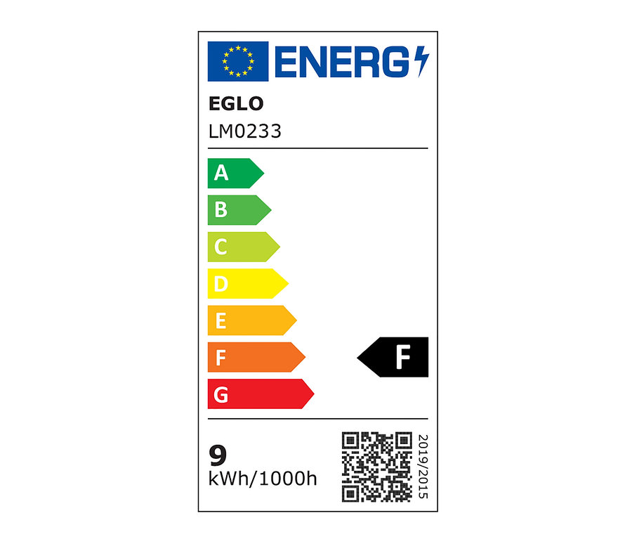 Energielabel EGLO LM0233 mit der Energieeffizienzklasse F und einem Verbrauch von 9 kWh/1000h.