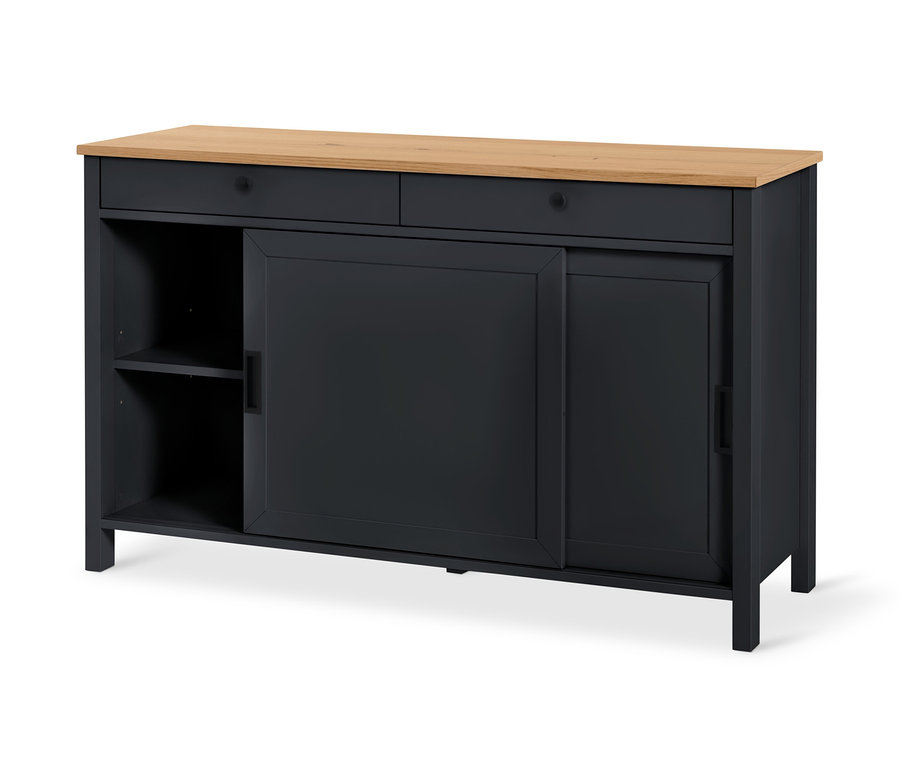 Schwarze Kommode mit heller Holzplatte, zwei Schubladen und Schiebetüren.