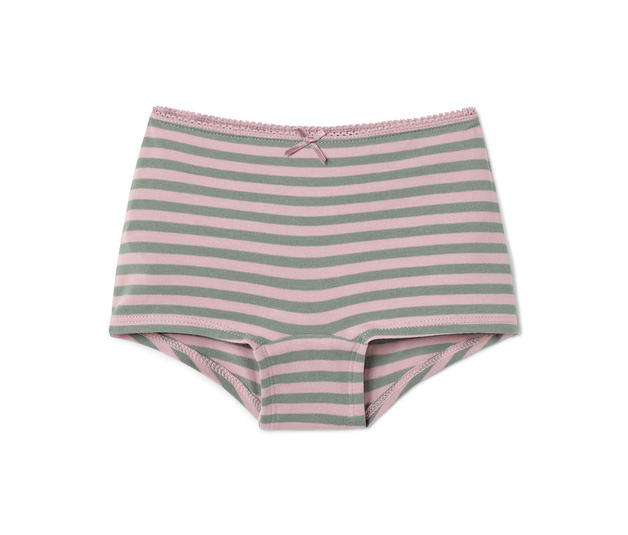 Ein Paar Mädchen-Pantys mit grau-rosa Streifen, Schleife und Spitze.