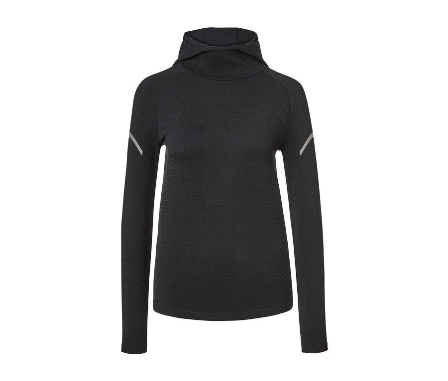 Schwarzes Seamless-Funktionslaufshirt mit Kapuze.