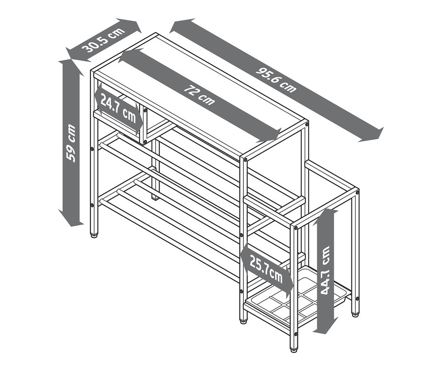 Eine schematische Darstellung eines Metallregals für den Flur mit Aufbewahrungsregalen und Abmessungen.