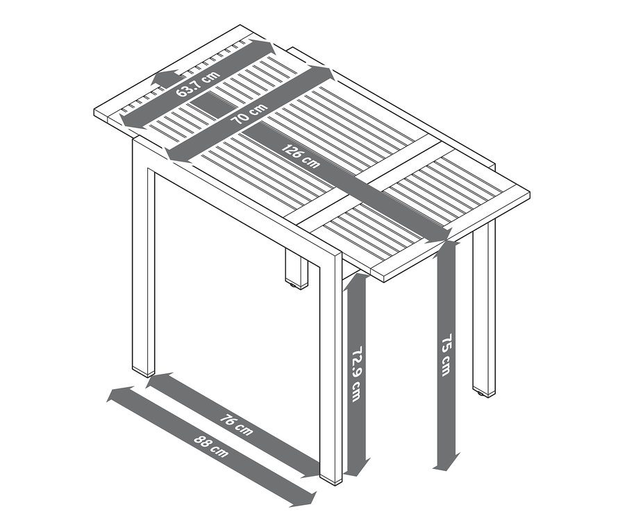 Skizze eines ausziehbaren Gartentisches mit Maßangaben.