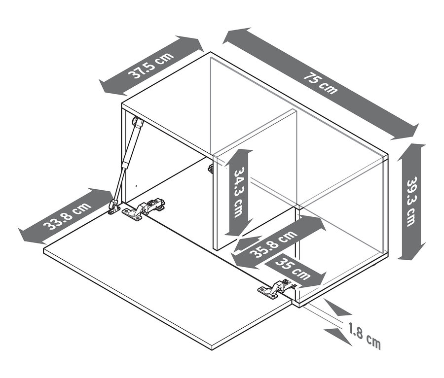 Diagramm zeigt die Maße eines Flemming Regalmoduls mit Klappe.