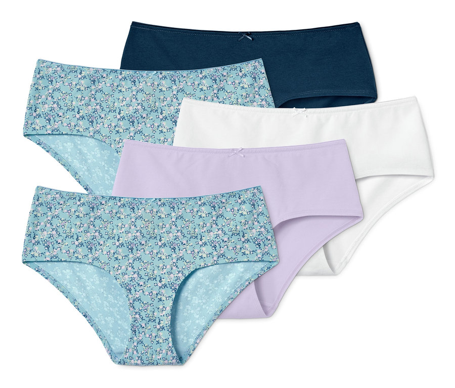 Fünf Pantys in verschiedenen Farben und Mustern.