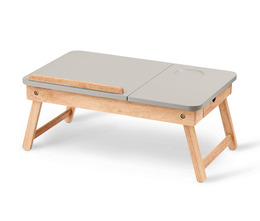 Grauer Betttisch mit Holzrahmen und Aussparung für Getränke.