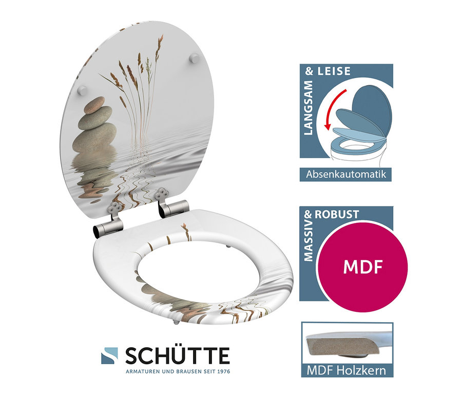 Offener, weißer MDF WC-Sitz Balance mit Stein- und Gräserdruck.