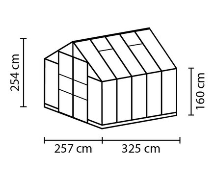 Schwarz-weiß Schema des Gewächshauses »Domus 8300« inkl. Rahmenfundament mit Abmessungen.