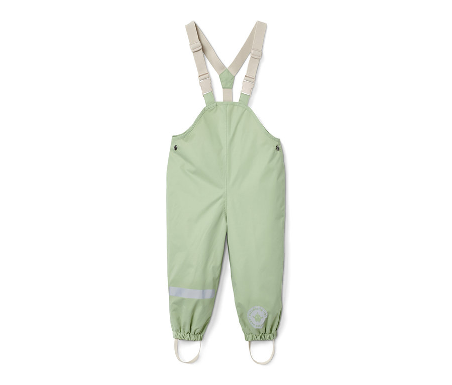 Grüne Regenhose mit beigen Trägern.