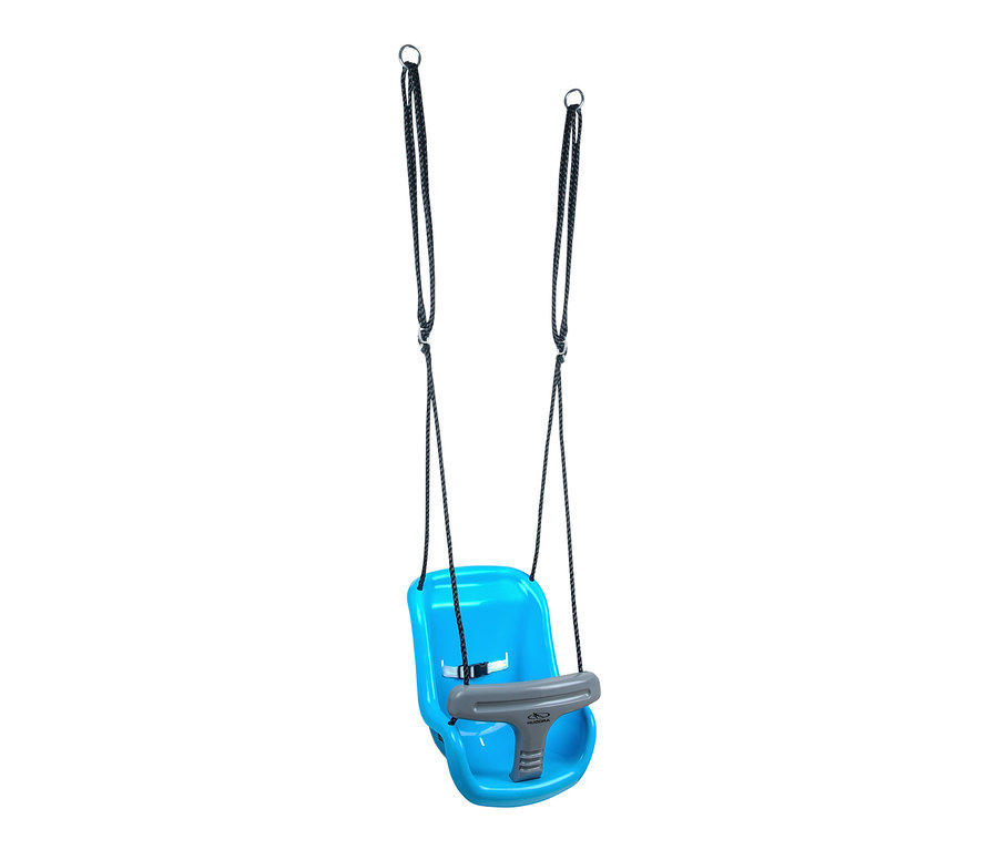 Eine blaue HUDORA Baby-Hochschaukel hängt an schwarzen Seilen.