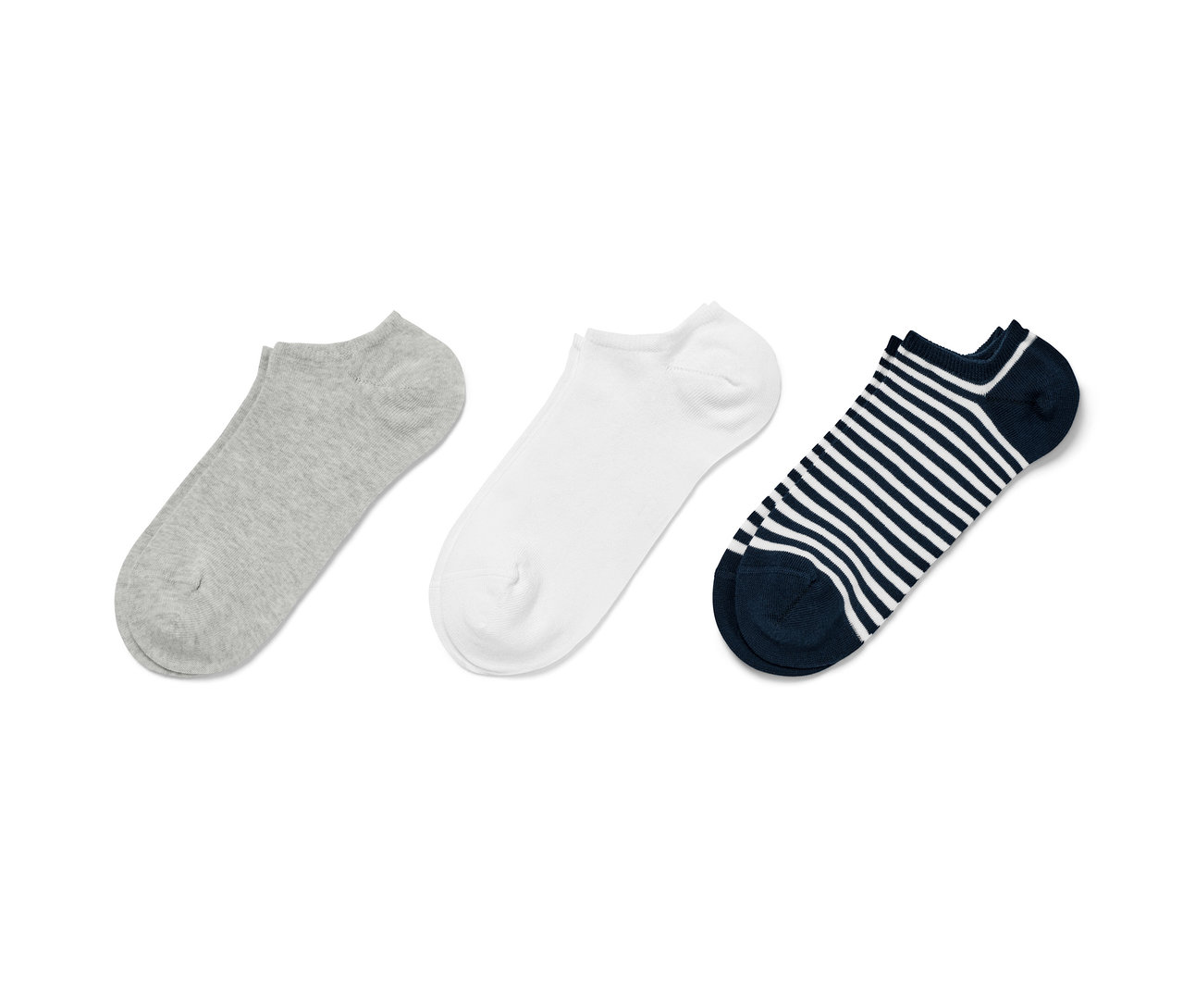 Drei Paar Sneakersocken, Basic: einfarbig grau, einfarbig weiß und dunkelblau-weiß gestreift.