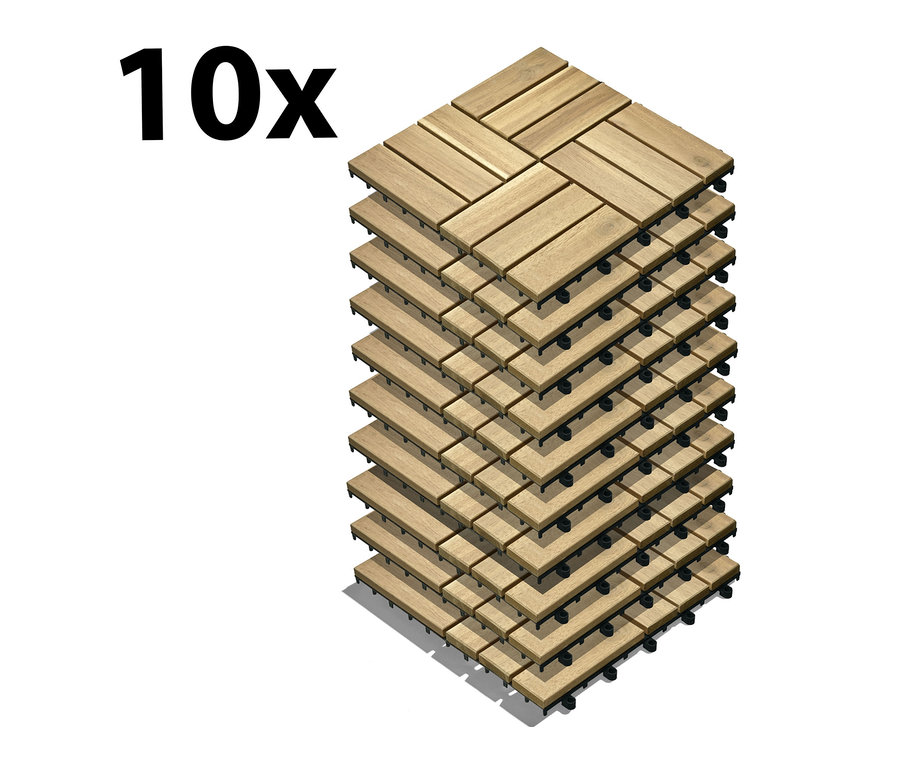 Stapel aus zehn hellbeigen Holzfliesen.