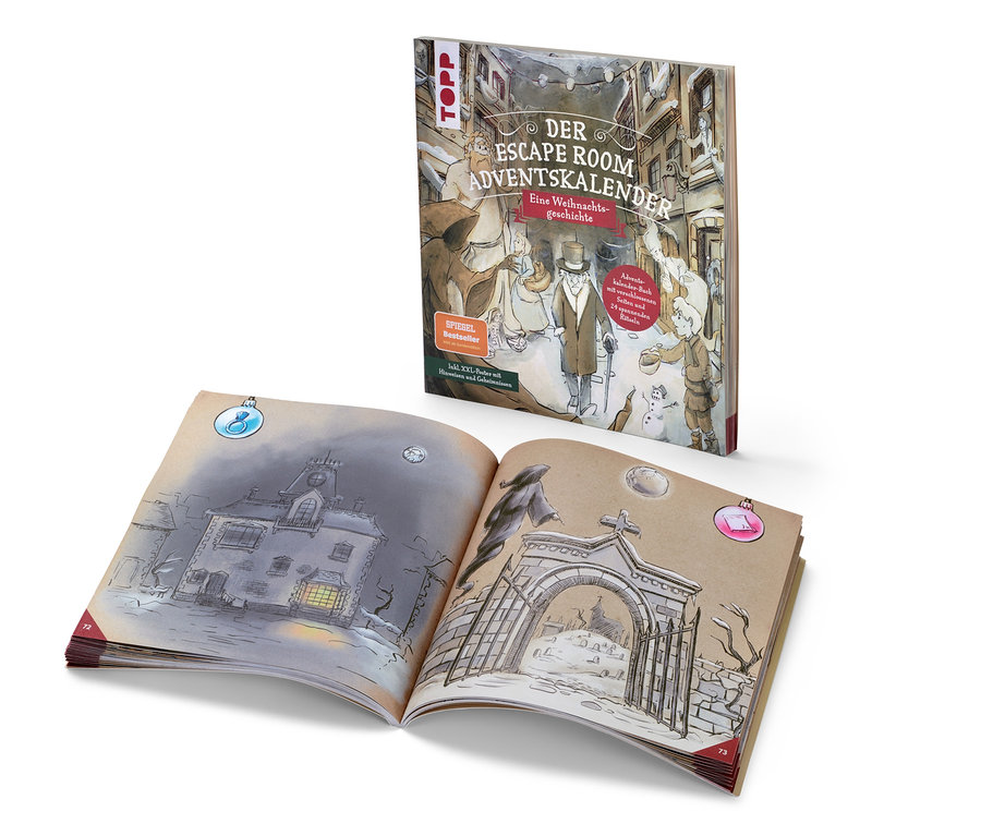 Geöffnetes Buch, dahinter stehend das Buch: »Der Escape Room Adventskalender – eine Weihnachtsgeschichte«.