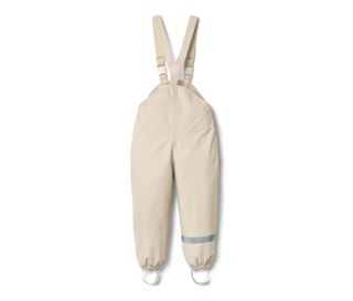 Sandfarbene Kleinkinder-Regenhose mit Latz und Reflektorstreifen am Hosenbein.