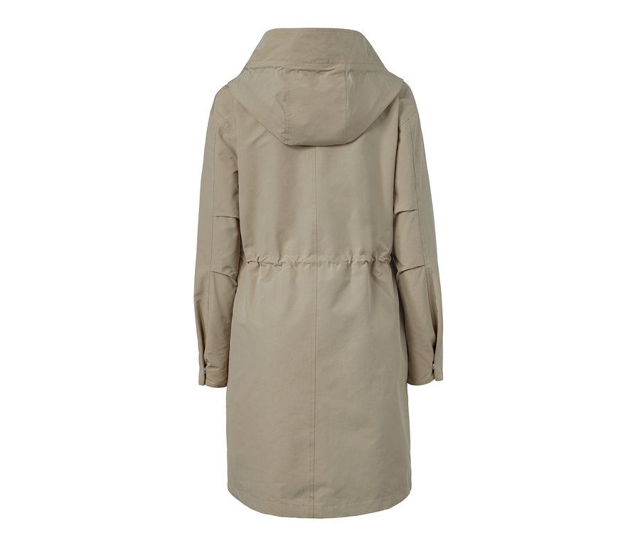 Rückansicht einer beigen Parka.