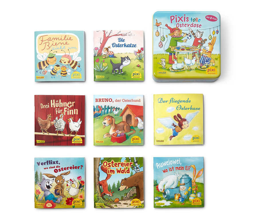Neun Pixi-Kinderbücher und eine Pixis tolle Osterdose Blechdose in einem Raster angeordnet.