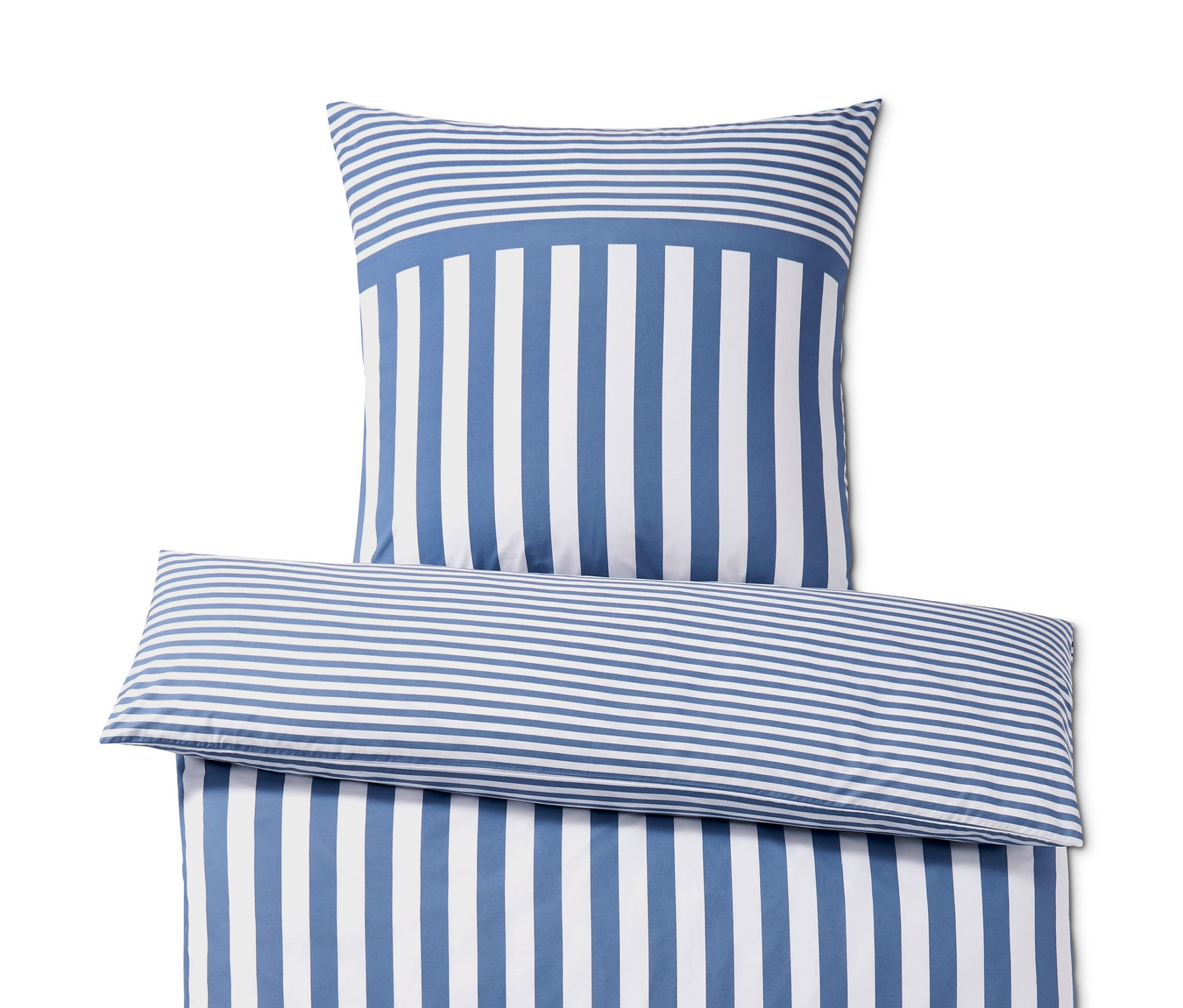 Blau-weiß gestreifte Perkal-Bettwäsche in Normalgröße, Doppelgröße und Übergröße.