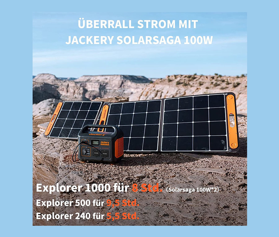 Jackery Explorer 240 und SolarSaga 100 auf felsigem Untergrund.