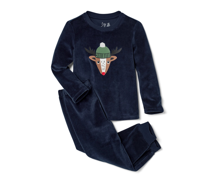 Dunkelblauer Kleinkind-Nicki-Pyjama mit Rentier-Motiv und Mütze.