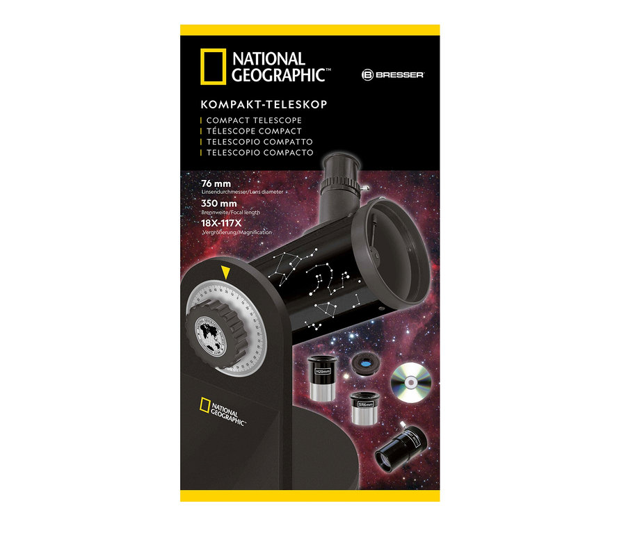 Schwarzes National Geographic 76/350 Teleskop mit Mondfilter.