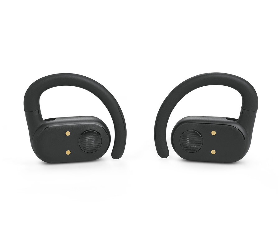 Zwei schwarze JBL Soundgear Sense Kopfhörer auf einem weißen Hintergrund.