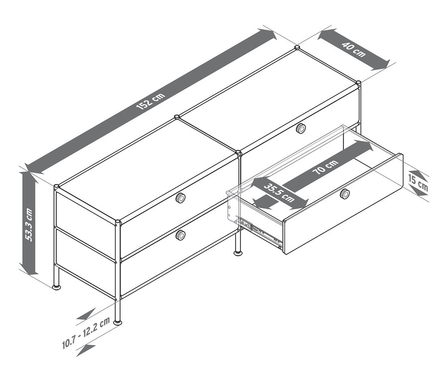 Illustration eines Lowboards Metall »CN3« mit 4 Schubladen, wobei eine Schublade ausgezogen ist und die Maße angegeben sind.