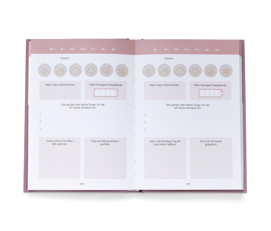 Offenes Tagebuch »Mein Tagebuch ‒ achtsam und Glücklich« mit leeren Seiten und Überschriften zum Schreiben über Stimmungen und Dankbarkeit.