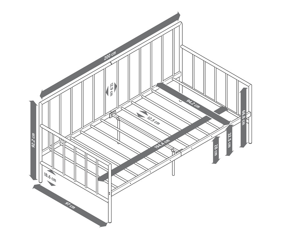Skizze eines Daybeds, ca. 90 x 200 cm.