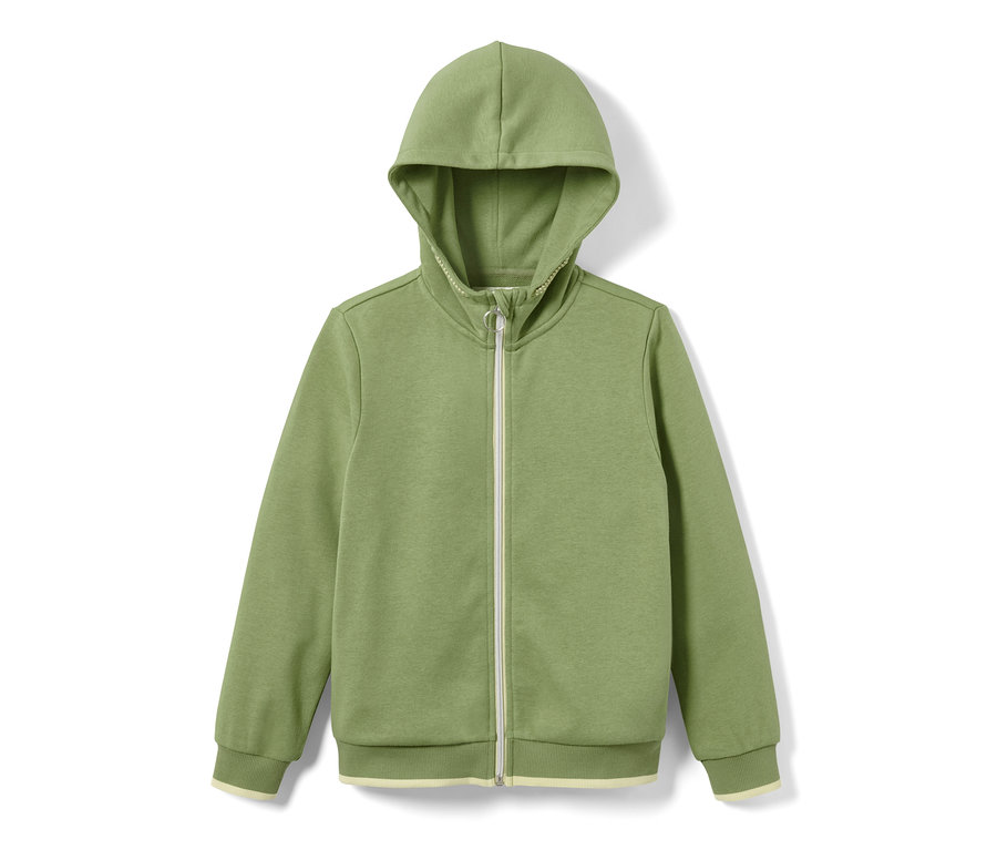 Grüne Kinder-Sweatjacke mit Reißverschluss und Kapuze.