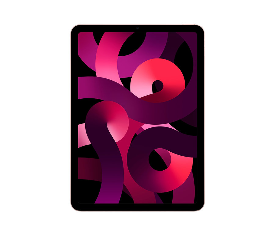 Rosafarbenes Tablet mit abstraktem, lila-pinkfarbenem Design auf dem Bildschirm. Apple iPad Air 2022 Wi-Fi 256 GB, rosé.