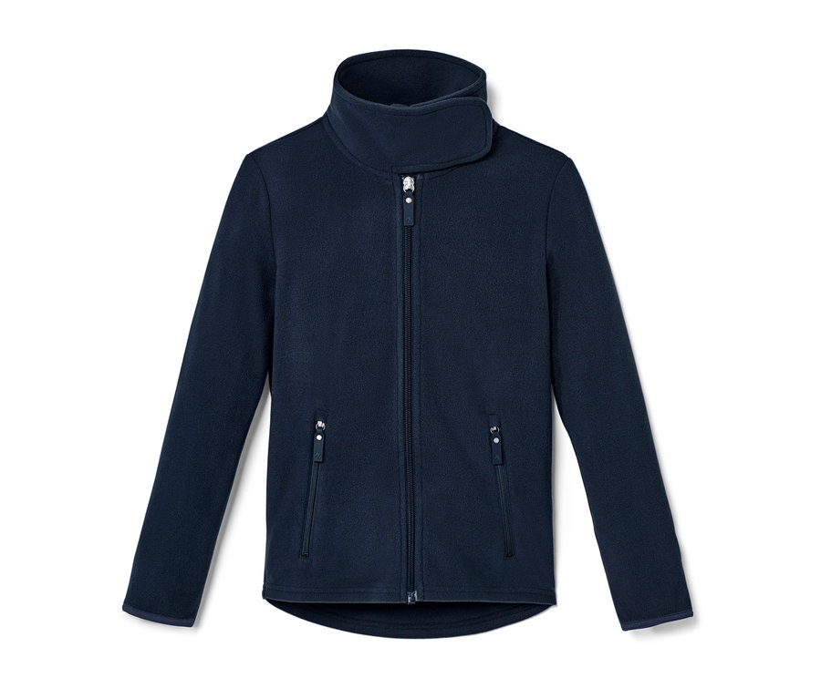 Marineblaue Kinder-Fleecejacke mit Reißverschluss und hohem Kragen.
