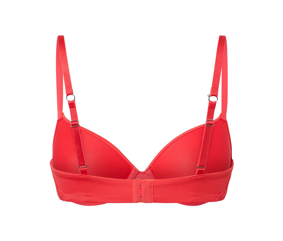 Detailansicht der Rückseite eines korallenroten T-Shirt-BHs.