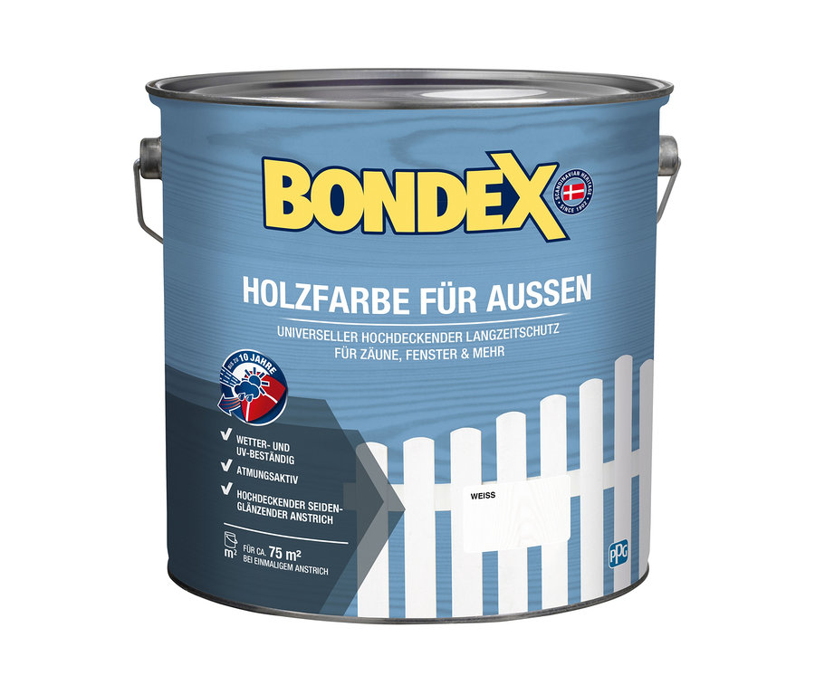 Dose Bondex Holzfarbe für Außen, 7,5 l, inkl. Verarbeitungs-Set, weiß.