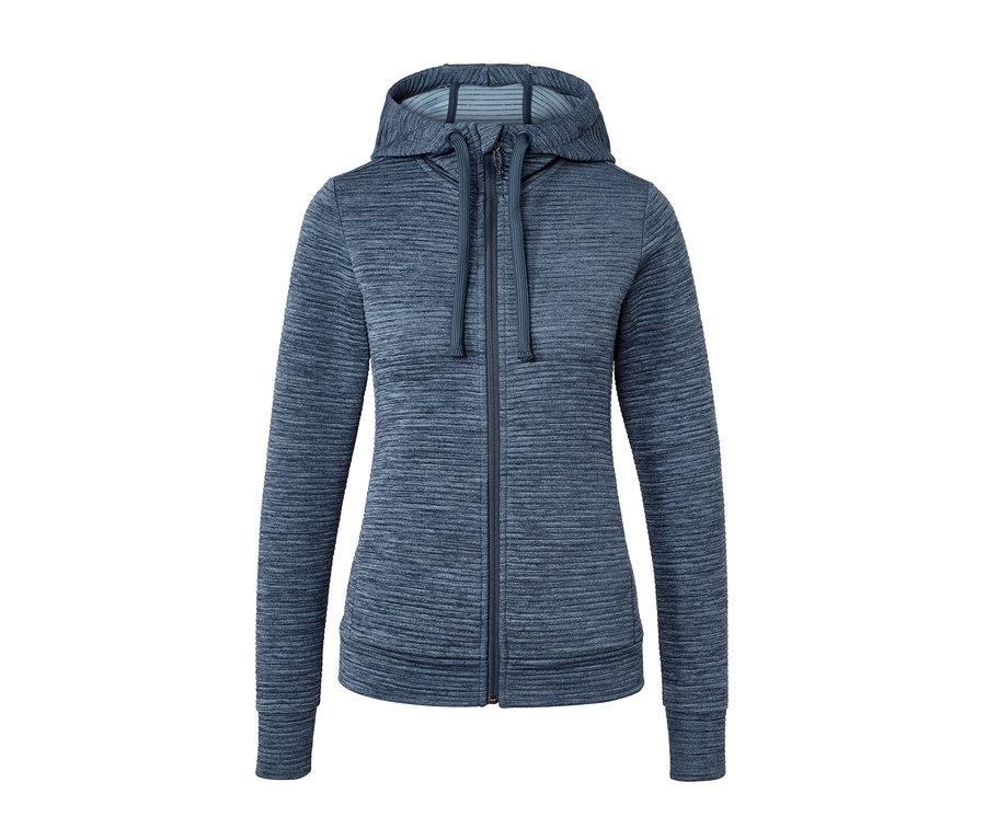 Dunkelblaue Kapuzenjacke mit Reißverschluss in der Mitte.