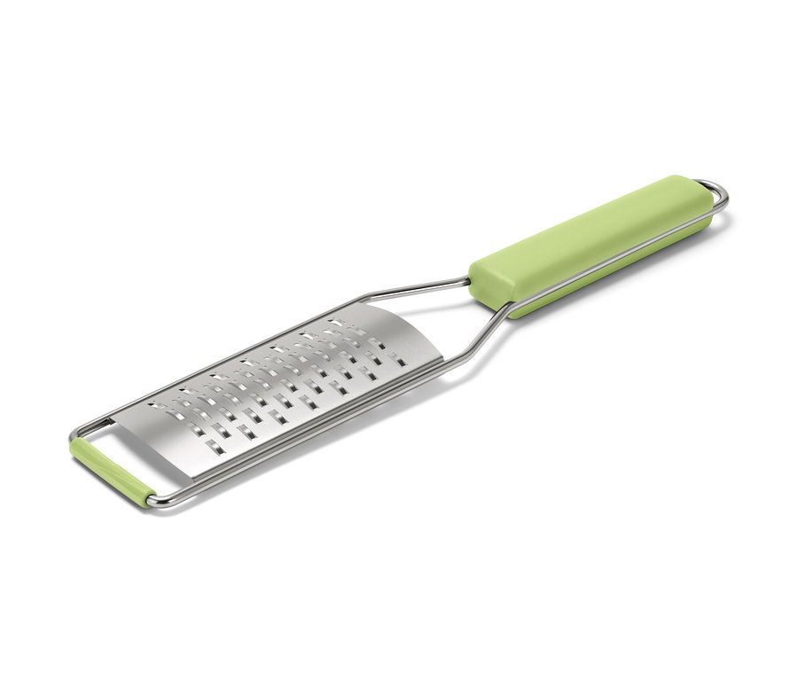 Eine grobe Handreibe mit Edelstahl und hellgrünem Griff.